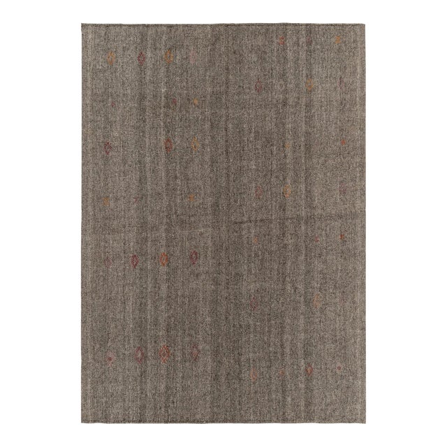 Vintage Turkish Kilim Rug in Gray Solid Striae, Subdued Multihued Embroidery For Sale
