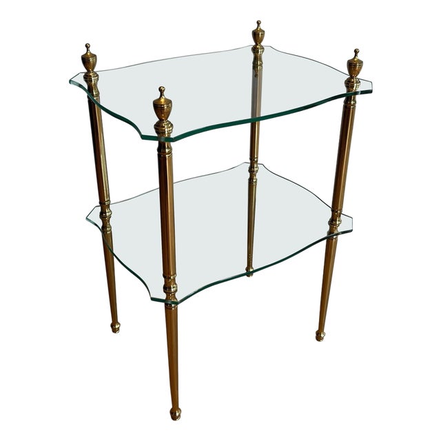 Brass side table with 2 glass shelves French work, Maison Jansen Circa 1940 For Sale