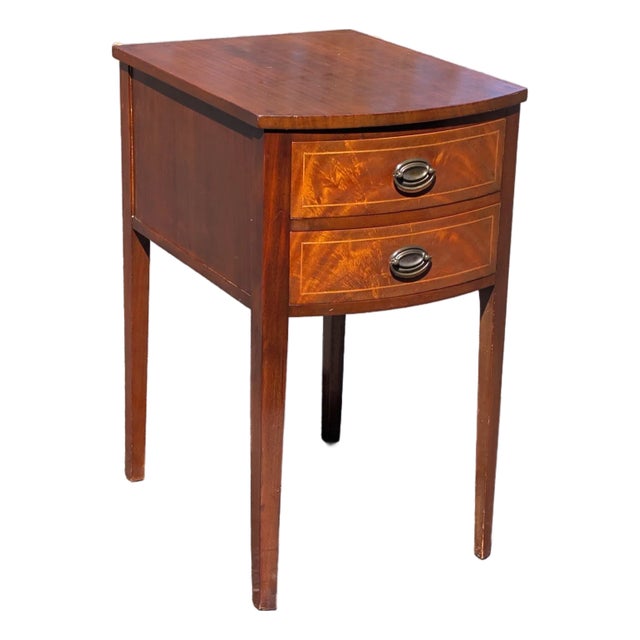 Vintage Bow Front Mahogany Two Drawer Side Table/Nightstand For Sale