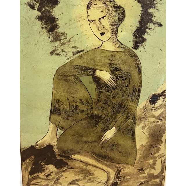 Very nice Mid Century original Signed by artist John Gruenwald Monotype Etching - Printed Over. The piece portrays a woman...