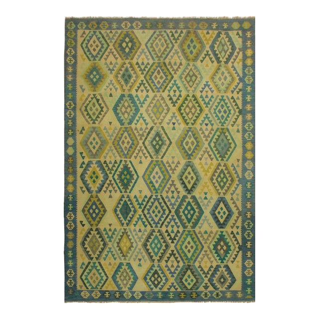 Tribal Kilim Blue Tan Wool Rug - 8'5" X 11'6" For Sale