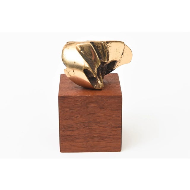 Vintage Signed Initialed Brass Bronze and Wood Small Abstract Sculpture For Sale In Miami - Image 6 of 9