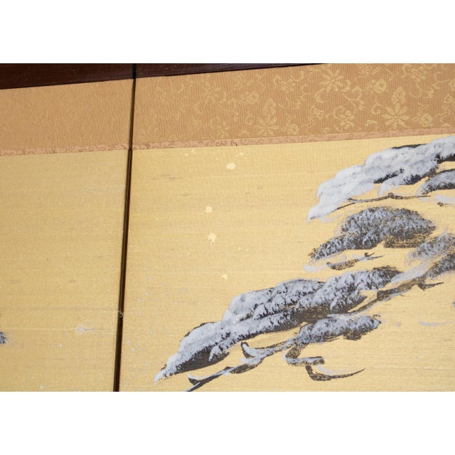 1960s "Winter Landscape With Temple", Showa Era Japanese Silk Byobu Screen For Sale - Image 15 of 18