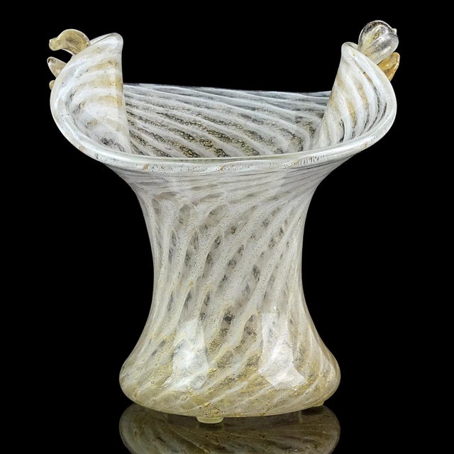 Murano Vintage Murano Gold Flecks White Swirl Italian Art Deco Style Glass Applied Flowers Fan Shape Vase For Sale - Image 4 of 10