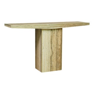 Mid-Century Travertine Squared and Brass Console Table For Sale