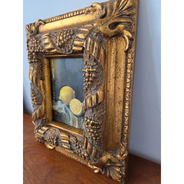 Metal Late 20th Century Gilt Grape Motif Frame With Original Oil Painting, Lemon Still Life Art, Ornate Gold Frame, Cottage Decor For Sale - Image 7 of 13