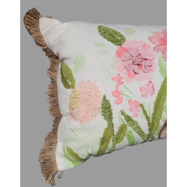 Embroidered Floral Spring Garden Linen Fringe Lumbar Pillow For Sale - Image 6 of 12