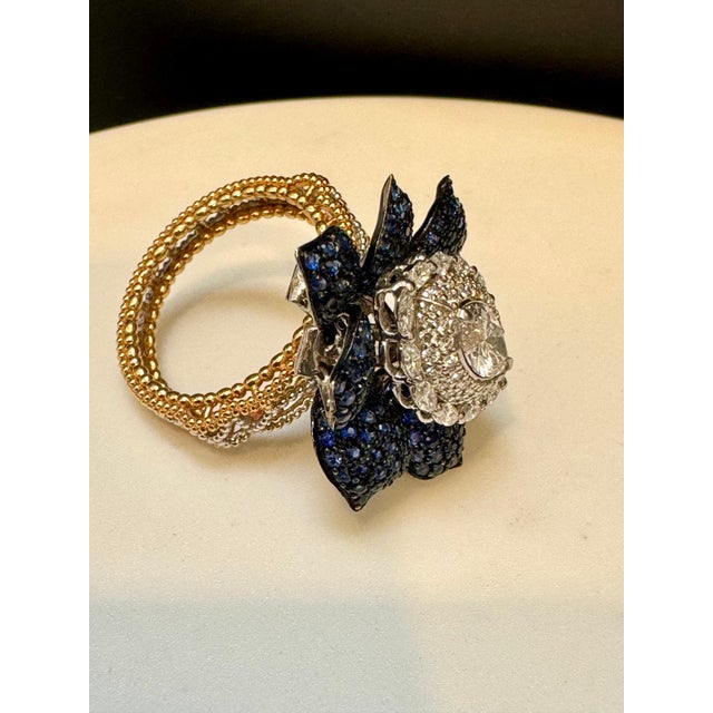 3 Ct Blue Sapphire & 1.5 Ct Diamond Flower Ring in 18 Kt Two Tone Gold Size7 For Sale - Image 12 of 18