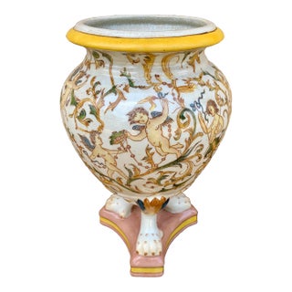 Neoclassical Painted Faience Putti Vase on Paw Feet For Sale