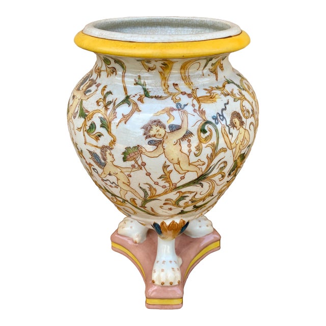 Neoclassical Painted Faience Putti Vase on Paw Feet For Sale