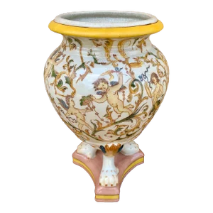 Neoclassical Painted Faience Putti Vase on Paw Feet