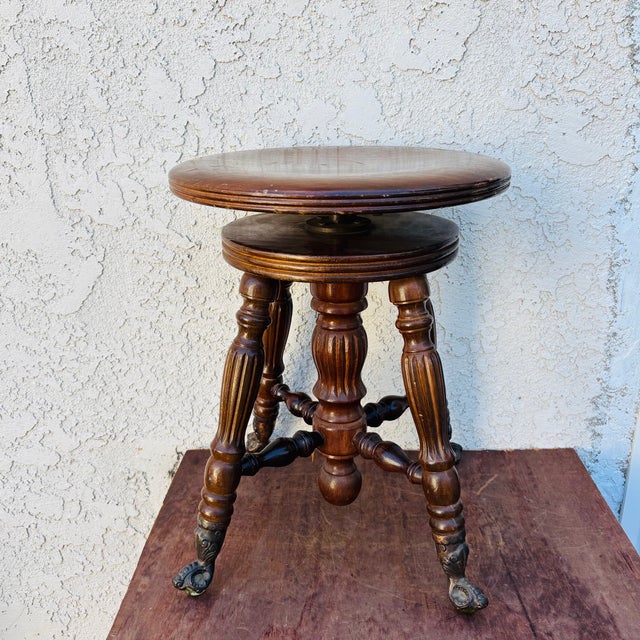 Antique Oak Swivel Piano Stool With Glass Ball Claw Feet, Circa 1900 For Sale - Image 4 of 18