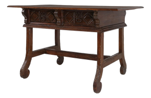 Antique Spanish Console Table in Carved Oak with Drawers, 1700s