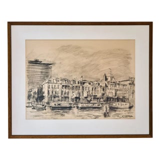 Engelman, Amsterdam City Waterfront, 1980, Charcoal Drawing, Framed For Sale