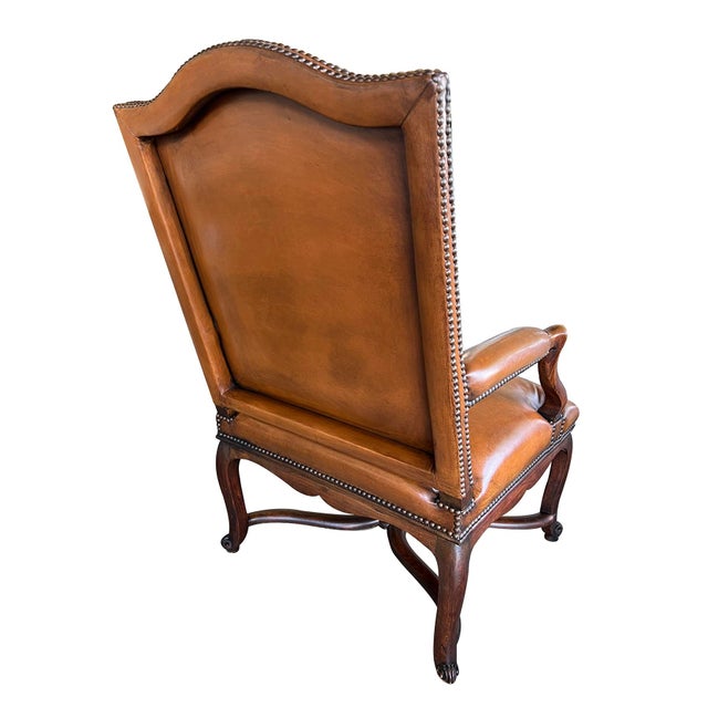 Brown Pair Large French Regence Style Beechwood Leather Arm Chairs/Fauteuils For Sale - Image 8 of 10