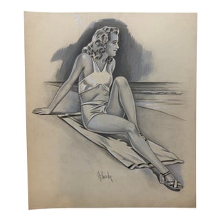 1940s Original Signed Graphite Illustration of Seated Woman at the Beach, 11.5 X 10 In. For Sale