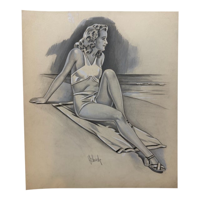 1940s Original Signed Graphite Illustration of Seated Woman at the Beach, 11.5 X 10 In. For Sale