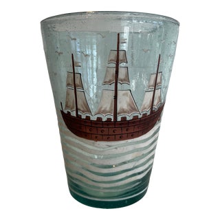 Antique Handpainted Handblown Glass Vase With Ship For Sale