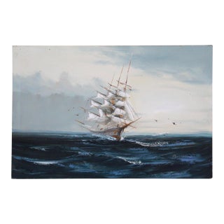 Vintage Mid-20th Century Signed Maritime Oil Painting of Tall Ship at Sea – Nautical Seascape on Canvas For Sale