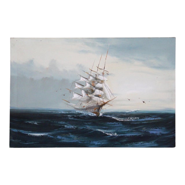 Vintage Mid-20th Century Signed Maritime Oil Painting of Tall Ship at Sea – Nautical Seascape on Canvas For Sale
