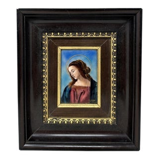 Antique Vintage French Religious Enamel on Copper Virgin Mary Fj Carmona Limoges For Sale