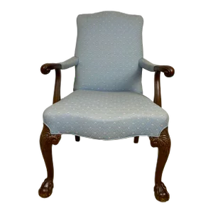 Late 20th Century Hickory Chair Arm Chair With Light Blue Fabric and Ball and Claw Feet