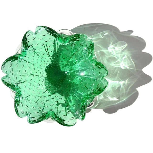Beautiful vintage Murano hand blown green and controlled bubbles Italian art glass flower shaped decorative bowl. The...