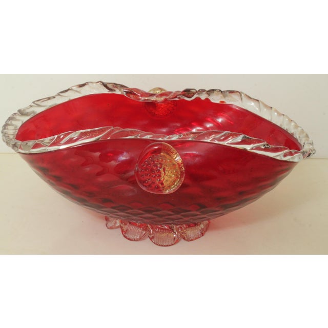 Glass Vintage 1960s Bohemian Cranberry Crystal Decanter & Murano Gold Flake Ruby Glass Bowl Set – Barware Vignette For Sale - Image 7 of 17