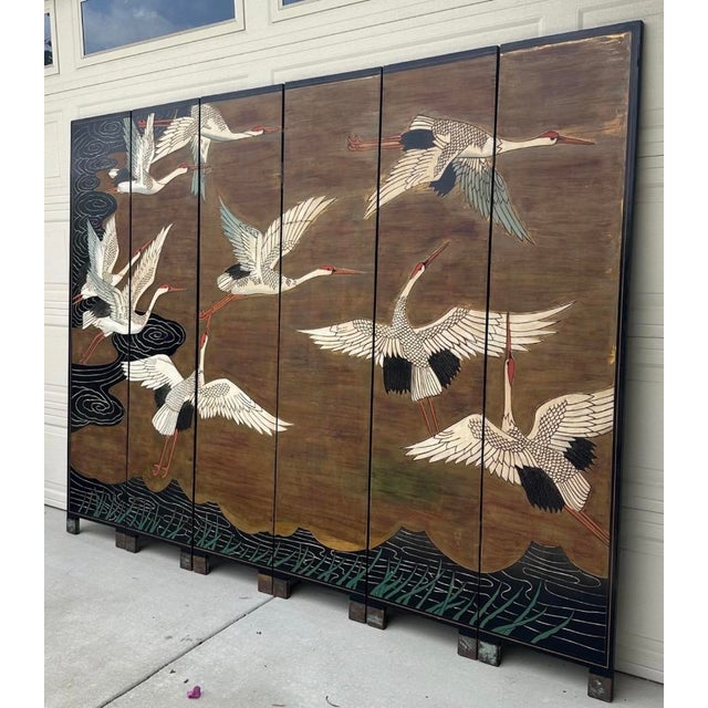 Decorative Japanese Six-Panel Double-Sided Lacquer Folding Screen With Hand-Painted Cranes For Sale - Image 13 of 18