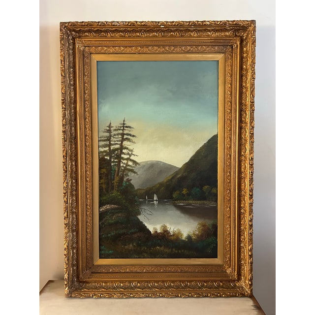 Antique Victorian oil painting on linen. From an old Adirondack NY estate. Features a mountain lake with sailboats. In a...