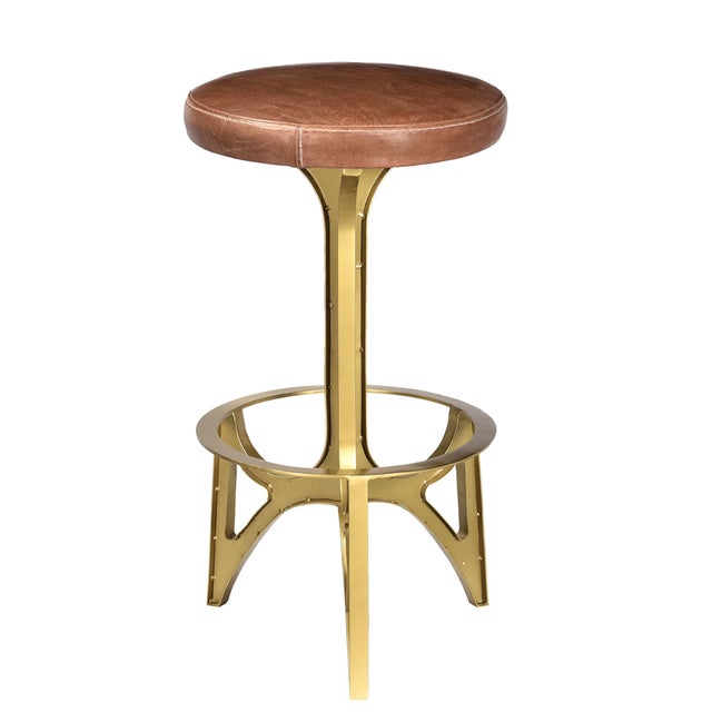 2020s Matthew Izzo Home Ersa Brass Finish and Leather Barstool For Sale - Image 5 of 5