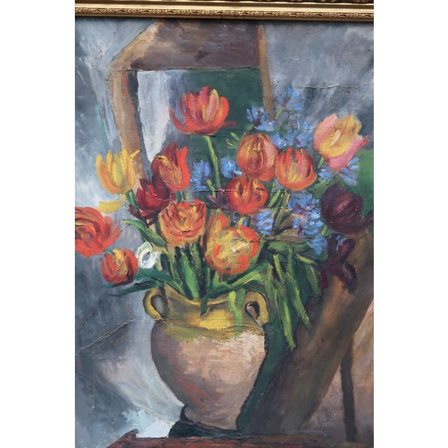 1940s 1940s Large French Oil Painting – Floral Still Life With Tulips – Ornate Giltwood Frame – French Art For Sale - Image 5 of 12
