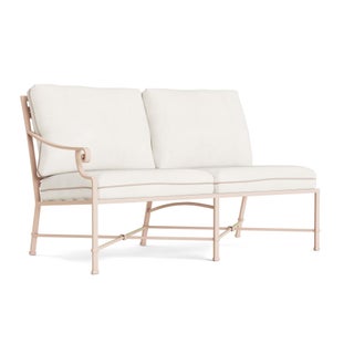 Brown Jordan Venetian Left Arm Loveseat in Blush with Sea Salt and Dusty Pink Welt Cushions For Sale