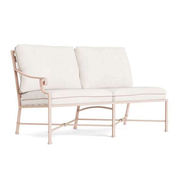 Brown Jordan Venetian Left Arm Loveseat in Blush with Sea Salt and Dusty Pink Welt Cushions For Sale