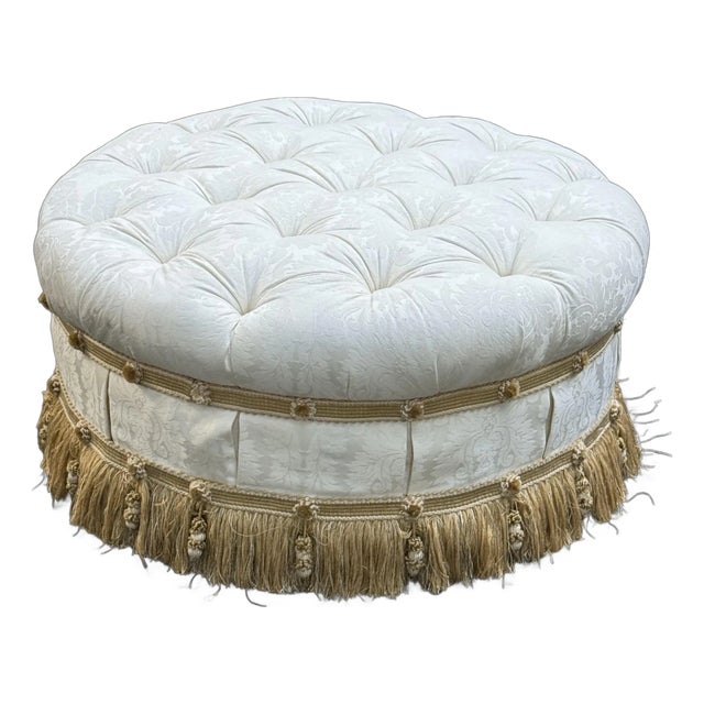 Traditional Round Upholstered Damask Tufted Ottoman For Sale