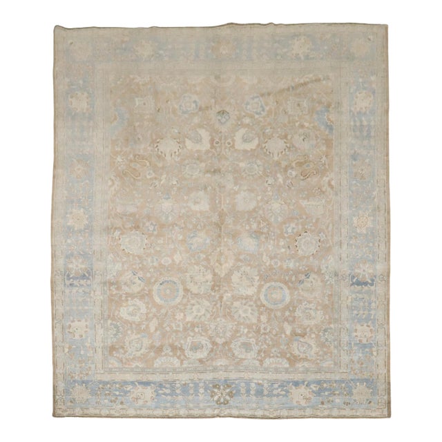 Antique Zabihi Collection Brown Soft Blue Persian Tabriz Rug For Sale