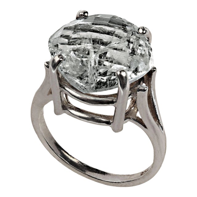 AJD Cushion Cut Green Beryl With Checkerboard Table in Sterling Ring Size 7 For Sale