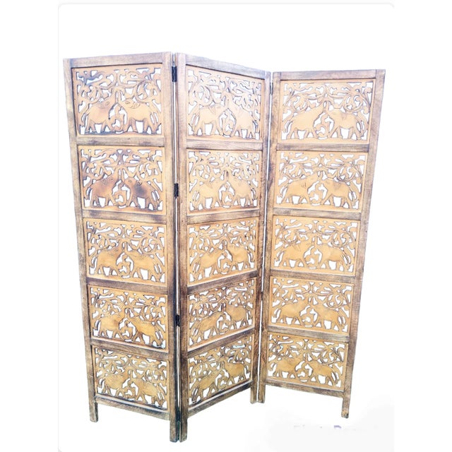 Vintage Carved Wood Elephant 3 Panel Folding Floor Screen Room Divider