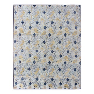 Large Modern Geometric Rug in Blue, Gray and Warm Gold Tones 9'3" X 12'3" For Sale