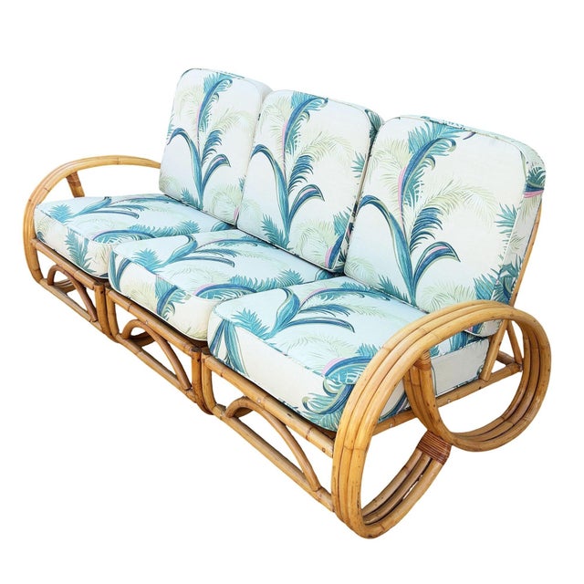 1950s Restored Mid-Century 3-Strand 3/4 Round Pretzel Arm Rattan Sectional 3-Seat Sofa For Sale In Los Angeles - Image 6 of 9