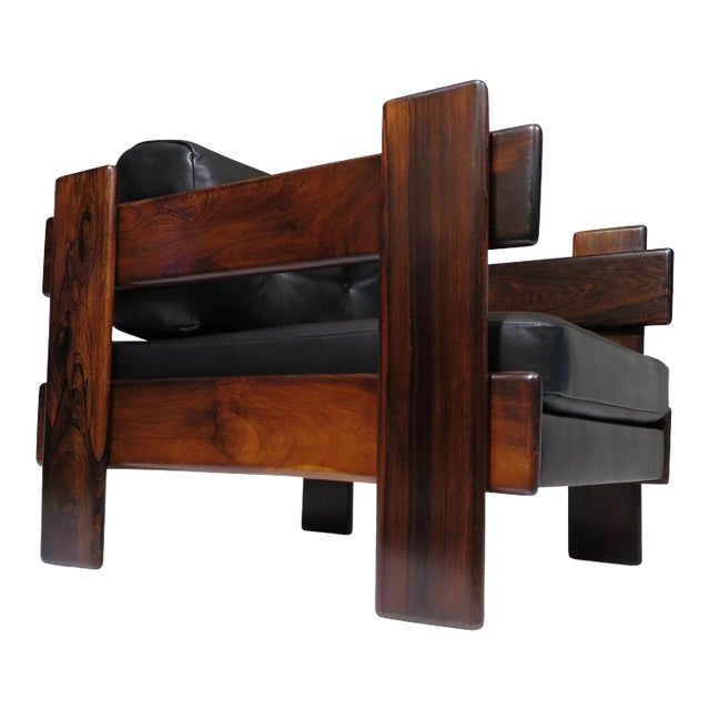 Casulo Brazilian Modern Rosewood Lounge Chair in Black Leather For Sale