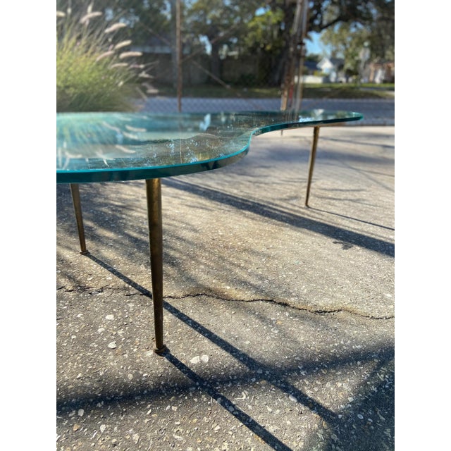 Rare Boomerang Coffee Table With Thick Glass Top + Tall Brass Legs | Mid Century Modern For Sale In Tampa - Image 6 of 13