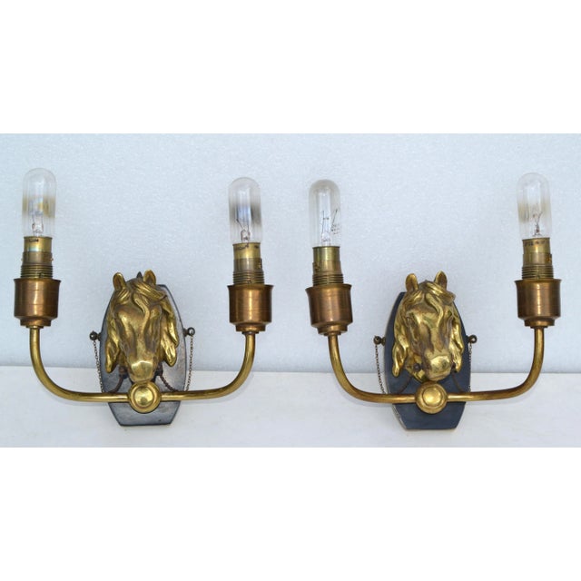 Metal Maison Baguès 2 Arm Horse Head Sconces Wall Lights French Neoclassical 1950 Pair For Sale - Image 7 of 13