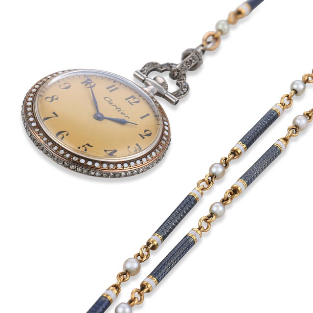 1910s Rare Cartier Edwardian Diamond Enamel Pearl 18k Yellow Gold Watch Pendant For Sale In Los Angeles - Image 6 of 6