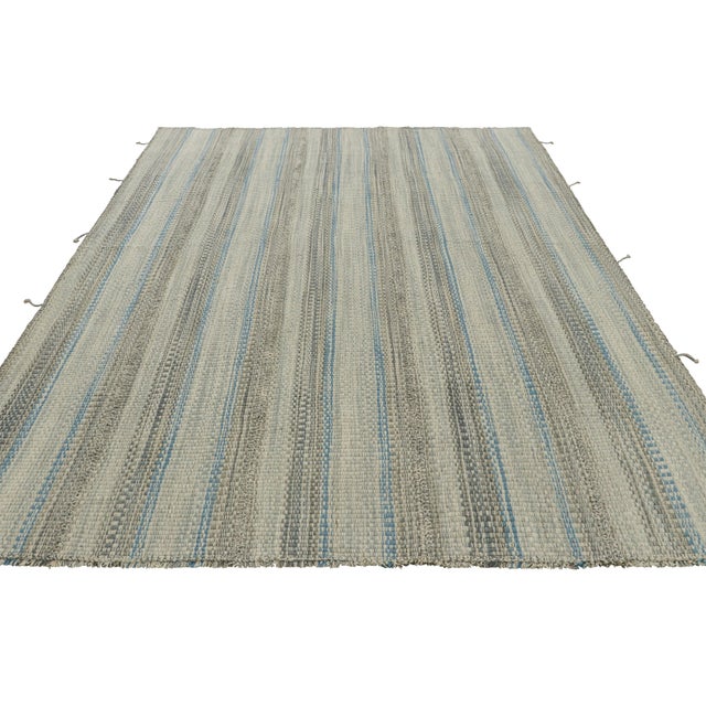 Rug & Kilim Rug & Kilim’s Contemporary Kilim With Blue and Slate Gray Textural Stripes For Sale - Image 4 of 7