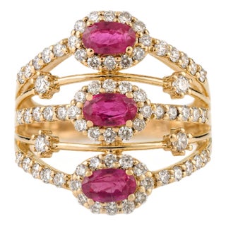 Deco-Style 1.15 Ct Three Stone Ruby Diamond Five Row Wide Band Ring Size 5.5 For Sale