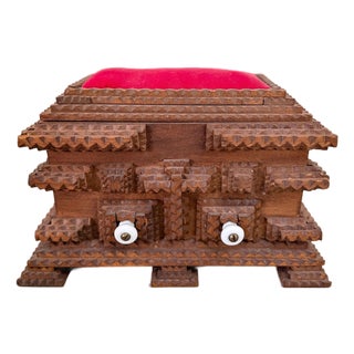 Signed Tramp Art Sewing Box, Folk Art Pincushion Chest With Drawers For Sale