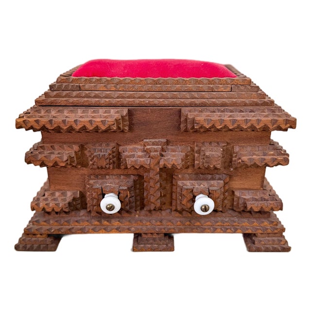 Signed Tramp Art Sewing Box, Folk Art Pincushion Chest With Drawers For Sale