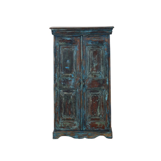 1900 - 1909 Antique Indian Small Painted Teakwood Armoire For Sale - Image 5 of 7
