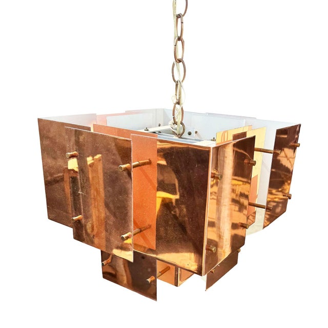 1970s Mid Century Modern Floating Panel "Cityscape" Brutalist Copper Chandelier by Robert Sonneman For Sale - Image 4 of 14
